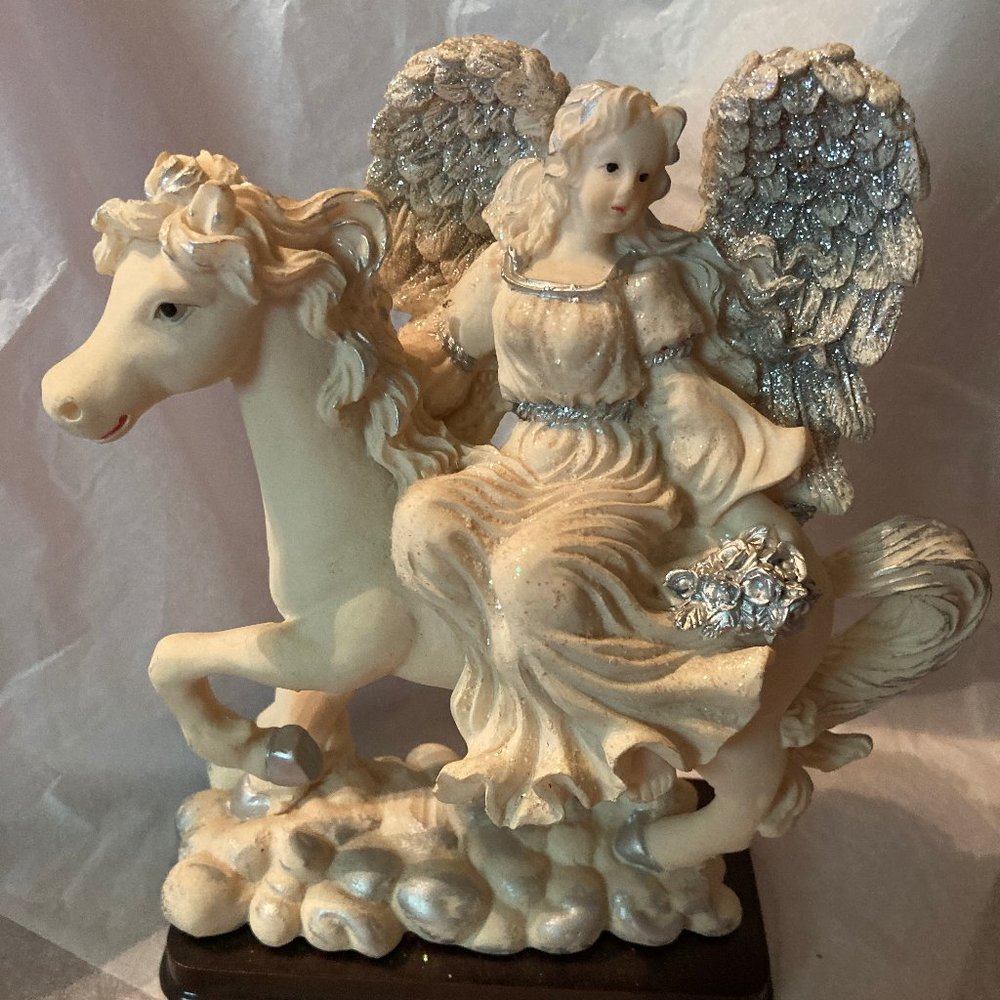 ANGEL WITH SPARKLING WINGS RIDING A HORSE NEW